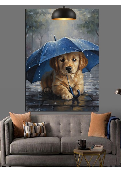 Yağmur Altında Şemsiyeli Yavru Köpek Dekoratif Kanvas - Mdf Ahşap Tablo modelleri