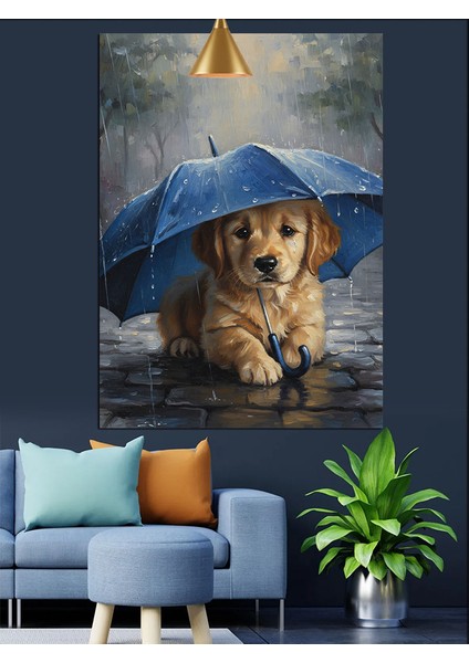 Yağmur Altında Şemsiyeli Yavru Köpek Dekoratif Kanvas - Mdf Ahşap Tablo fırsatları