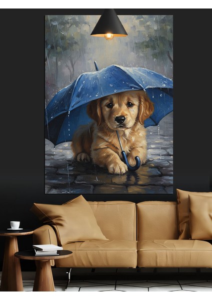 Yağmur Altında Şemsiyeli Yavru Köpek Dekoratif Kanvas - Mdf Ahşap Tablo indirimleri