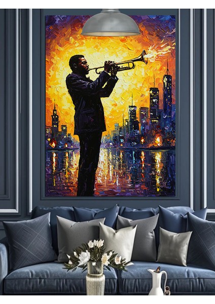 Saksafon Çalan Adam ve Işıklı Şehir Silüeti Dekoratif Kanvas - Mdf Ahşap Tablo
