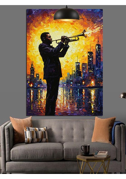Saksafon Çalan Adam ve Işıklı Şehir Silüeti Dekoratif Kanvas - Mdf Ahşap Tablo fiyatları