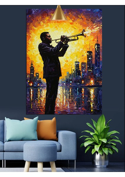 Saksafon Çalan Adam ve Işıklı Şehir Silüeti Dekoratif Kanvas - Mdf Ahşap Tablo modelleri