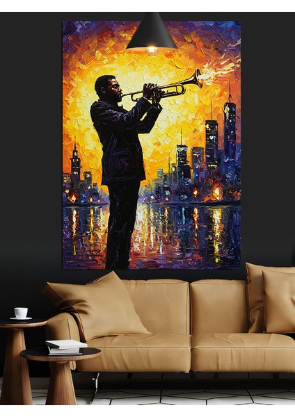 Saksafon Çalan Adam ve Işıklı Şehir Silüeti Dekoratif Kanvas - Mdf Ahşap Tablo fırsatları