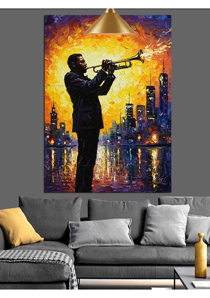Saksafon Çalan Adam ve Işıklı Şehir Silüeti Dekoratif Kanvas - Mdf Ahşap Tablo indirimleri