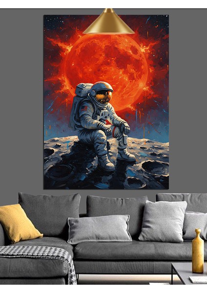 Kırmızı Ay Manzarasında Oturan Astronot Dekoratif Kanvas - Mdf Ahşap Tablo