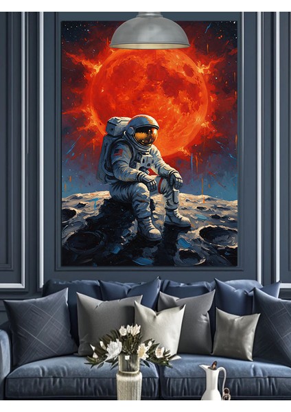 Kırmızı Ay Manzarasında Oturan Astronot Dekoratif Kanvas - Mdf Ahşap Tablo fiyatları