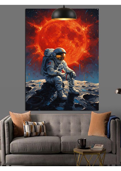 Kırmızı Ay Manzarasında Oturan Astronot Dekoratif Kanvas - Mdf Ahşap Tablo modelleri