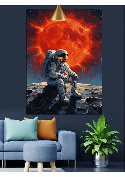 Kırmızı Ay Manzarasında Oturan Astronot Dekoratif Kanvas - Mdf Ahşap Tablo fırsatları