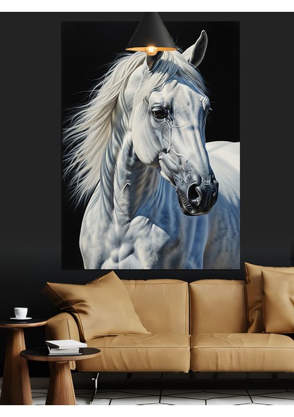 Beyaz At Figürü Siyah Fon Dekoratif Kanvas - Mdf Ahşap Tablo