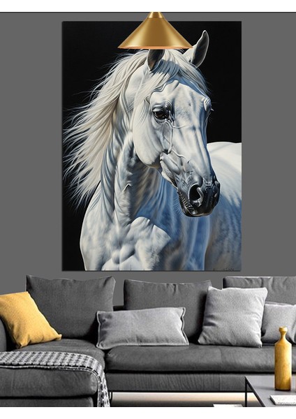 Beyaz At Figürü Siyah Fon Dekoratif Kanvas - Mdf Ahşap Tablo fiyatları