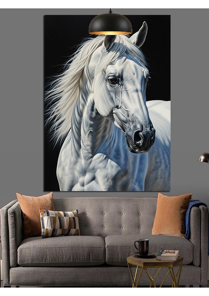 Beyaz At Figürü Siyah Fon Dekoratif Kanvas - Mdf Ahşap Tablo fırsatları