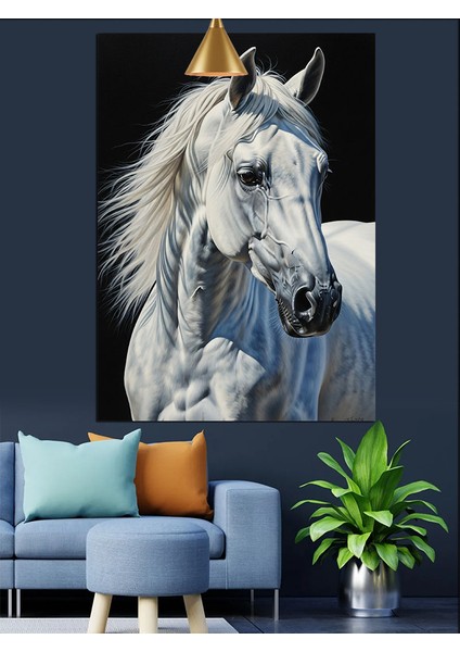 Beyaz At Figürü Siyah Fon Dekoratif Kanvas - Mdf Ahşap Tablo indirimleri