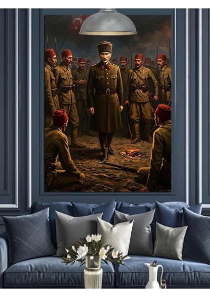 Mustafa Kemal Atatürk ve Askerleri Dekoratif Kanvas - Mdf Ahşap Tablo
