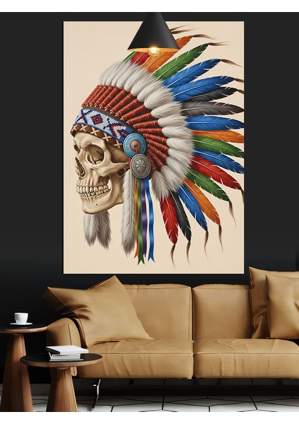 Kızılderili Renkli Tüy Başlıklı Kuru Kafa Dekoratif Kanvas - Mdf Ahşap Tablo