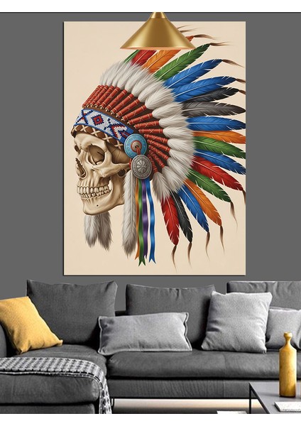 Kızılderili Renkli Tüy Başlıklı Kuru Kafa Dekoratif Kanvas - Mdf Ahşap Tablo fiyatları