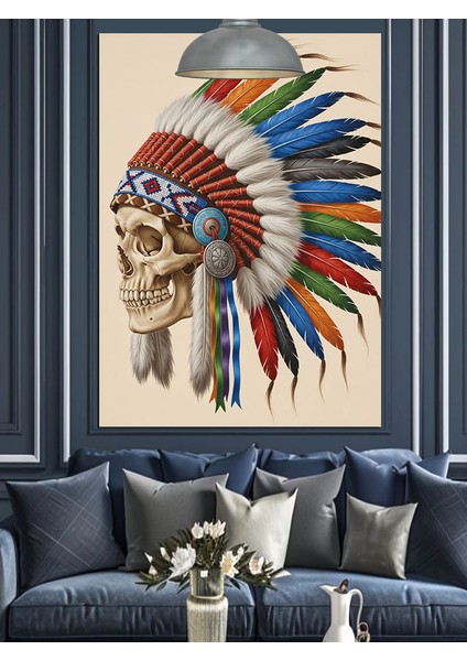 Kızılderili Renkli Tüy Başlıklı Kuru Kafa Dekoratif Kanvas - Mdf Ahşap Tablo modelleri