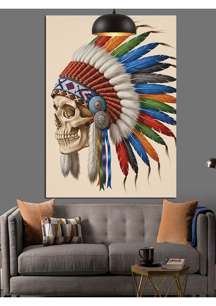 Kızılderili Renkli Tüy Başlıklı Kuru Kafa Dekoratif Kanvas - Mdf Ahşap Tablo fırsatları