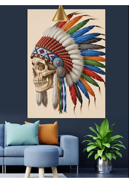 Kızılderili Renkli Tüy Başlıklı Kuru Kafa Dekoratif Kanvas - Mdf Ahşap Tablo indirimleri