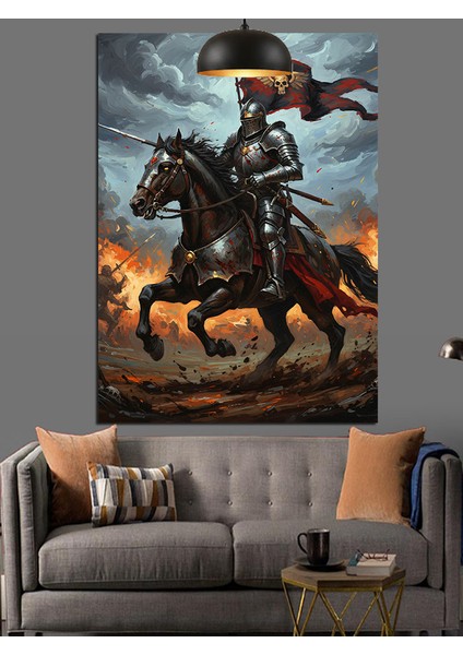 Atlı Asker Kara Şövalye Dekoratif Kanvas - Mdf Ahşap Tablo