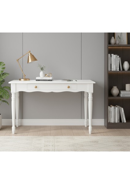 120 cm Masif Beyaz Tornalı Çalışma Masası