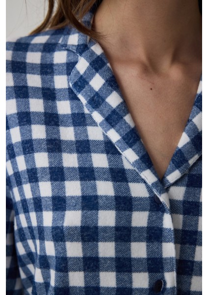 Lacivert Ekoseli Gömlek Yaka Termal Etkili Pijama Takımı modelleri