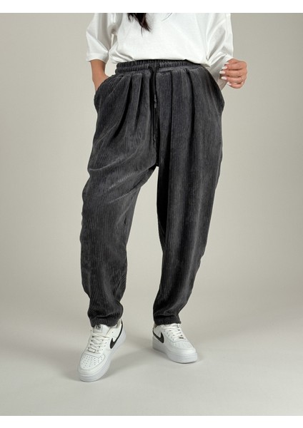 Antrasit Pileli Kadife Kadın Jogger Pantolon COC1083
