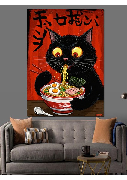 Nodel Yiyen Kara Kedi Dekoratif Kanvas - Mdf Ahşap Tablo