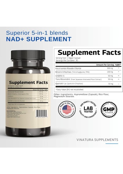 Vınatura Nad Nicotinamide Riboside Resveratrol With Urolithin A And Tmg - Advanced Nad+ For Women Men, Supports Anti-Aging - 30 Vegan Capsul fiyatları