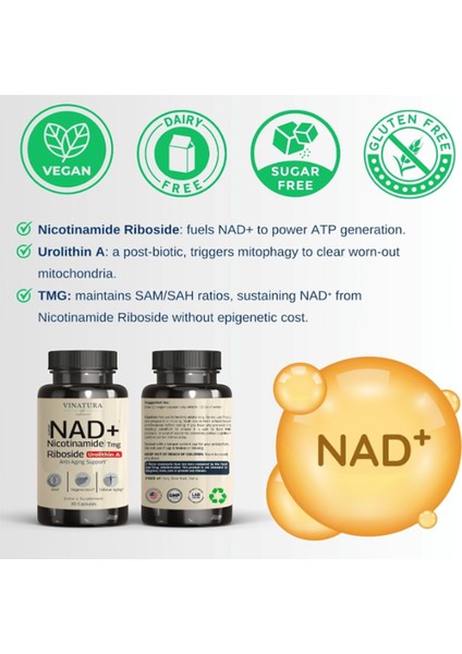 Vınatura Nad Nicotinamide Riboside Resveratrol With Urolithin A And Tmg - Advanced Nad+ For Women Men, Supports Anti-Aging - 30 Vegan Capsul modelleri