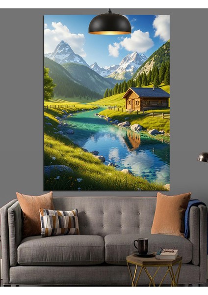 Nehir Kenarında Ev Doğa Manzara Yeşil Dekoratif Kanvas - Mdf Ahşap Tablo