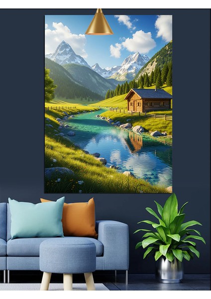 Nehir Kenarında Ev Doğa Manzara Yeşil Dekoratif Kanvas - Mdf Ahşap Tablo fiyatları