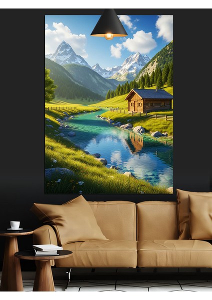 Nehir Kenarında Ev Doğa Manzara Yeşil Dekoratif Kanvas - Mdf Ahşap Tablo modelleri