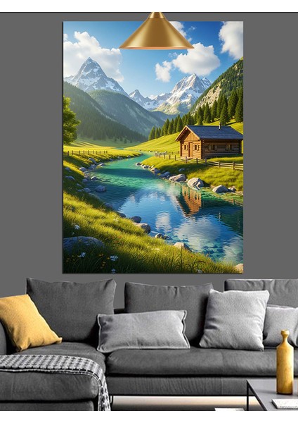Nehir Kenarında Ev Doğa Manzara Yeşil Dekoratif Kanvas - Mdf Ahşap Tablo fırsatları