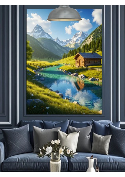 Nehir Kenarında Ev Doğa Manzara Yeşil Dekoratif Kanvas - Mdf Ahşap Tablo indirimleri