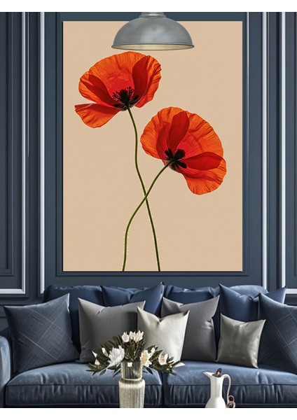 Kırmızı Gelincik Çiçek Dikey Beyaz Fon Dekoratif Kanvas - Mdf Ahşap Tablo