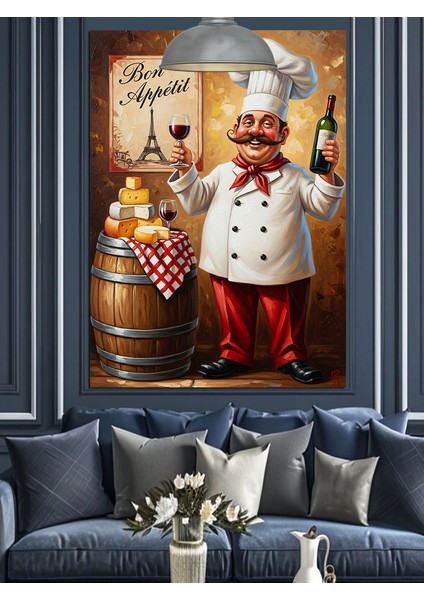 Şef Aşçı Şarap Kadeh Şişe Peynir Dekoratif Kanvas - Mdf Ahşap Tablo