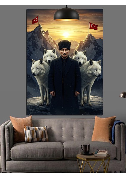 Atatürk Türk Bayrağı ve Kurtlar Dekoratif Kanvas - Mdf Ahşap Tablo