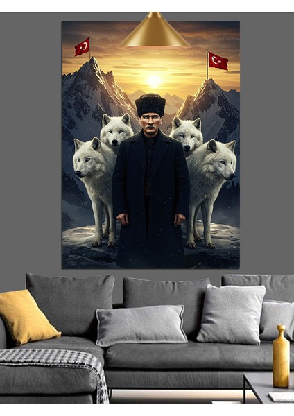 Atatürk Türk Bayrağı ve Kurtlar Dekoratif Kanvas - Mdf Ahşap Tablo fırsatları