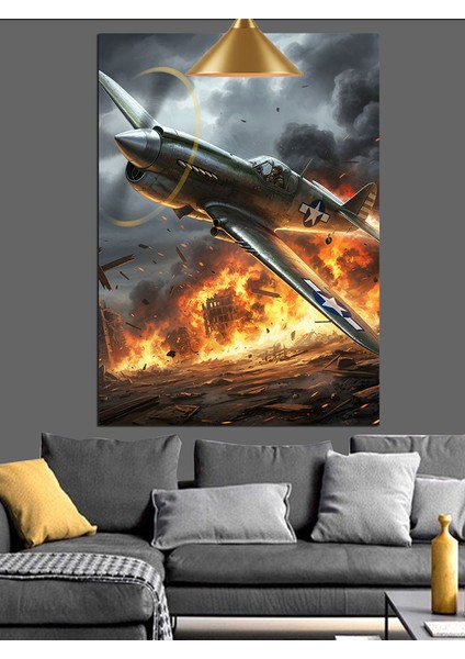 Alevler Içindeki Savaş Uçağı Dekoratif Kanvas - Mdf Ahşap Tablo