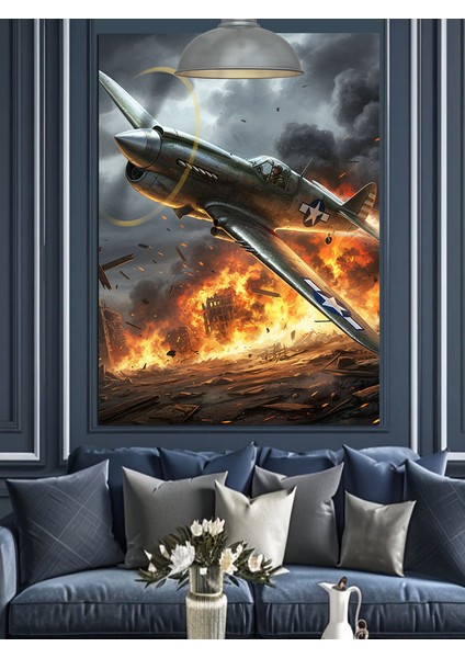 Alevler Içindeki Savaş Uçağı Dekoratif Kanvas - Mdf Ahşap Tablo fiyatları