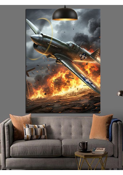 Alevler Içindeki Savaş Uçağı Dekoratif Kanvas - Mdf Ahşap Tablo modelleri
