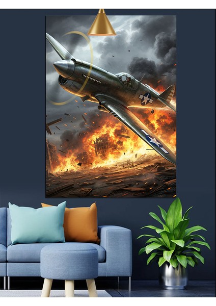 Alevler Içindeki Savaş Uçağı Dekoratif Kanvas - Mdf Ahşap Tablo fırsatları