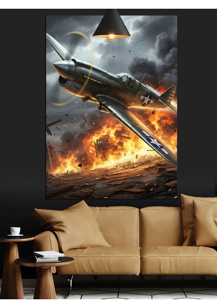 Alevler Içindeki Savaş Uçağı Dekoratif Kanvas - Mdf Ahşap Tablo indirimleri