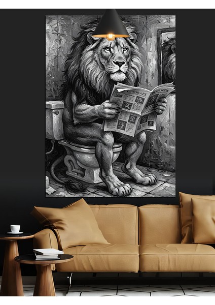Tuvalette Gazete Okuyan Aslan Siyah Beyaz Dekoratif Kanvas - Mdf Ahşap Tablo