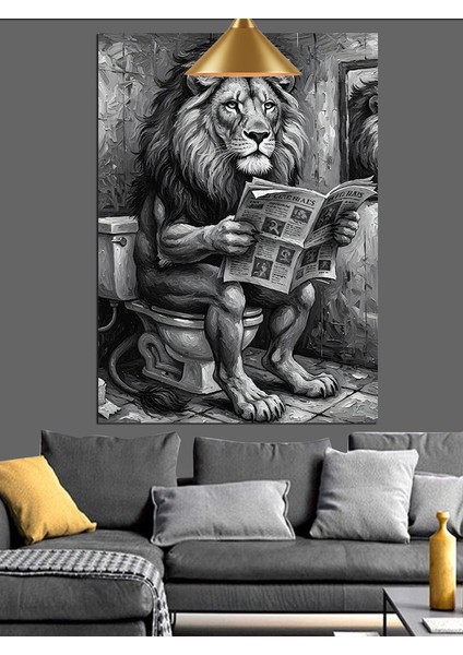 Tuvalette Gazete Okuyan Aslan Siyah Beyaz Dekoratif Kanvas - Mdf Ahşap Tablo fiyatları