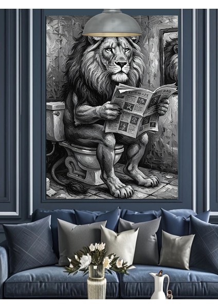 Tuvalette Gazete Okuyan Aslan Siyah Beyaz Dekoratif Kanvas - Mdf Ahşap Tablo modelleri