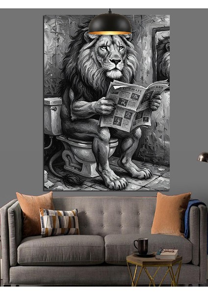 Tuvalette Gazete Okuyan Aslan Siyah Beyaz Dekoratif Kanvas - Mdf Ahşap Tablo fırsatları