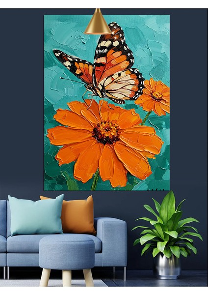 Turuncu Kelebek Çiçek Parlak Dekoratif Kanvas - Mdf Ahşap Tablo fırsatları