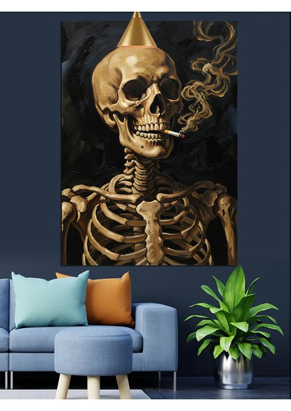 Siyah Fonda Sigara Içen Iskelet Dekoratif Kanvas - Mdf Ahşap Tablo