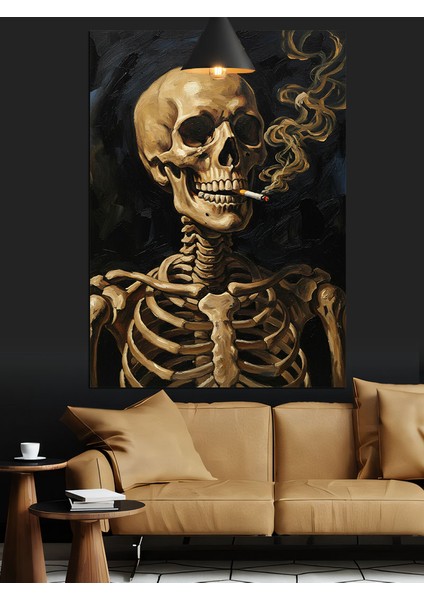 Siyah Fonda Sigara Içen Iskelet Dekoratif Kanvas - Mdf Ahşap Tablo fiyatları